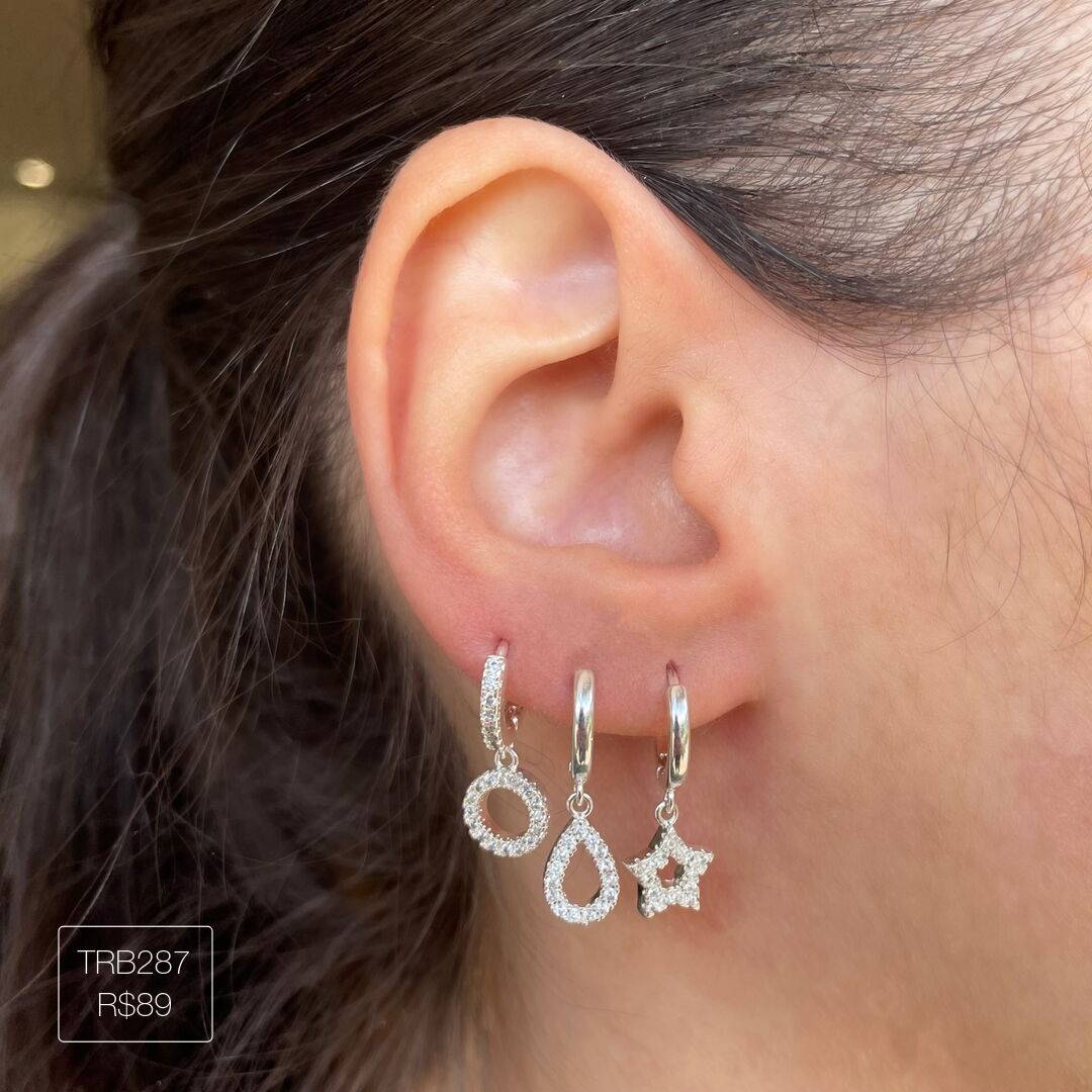 Trio Argola Gota + Coração + Red Vazado Cravejado Cristal Prateado